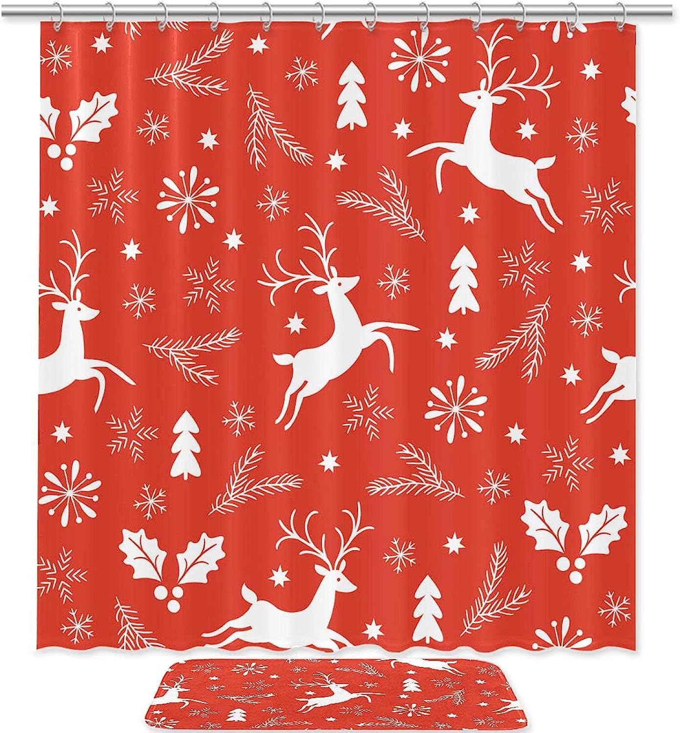 Orange Christmas Deer Elk Leaves Printed Bathroom Tub Set With Waterproof Fabric Shower Curtain