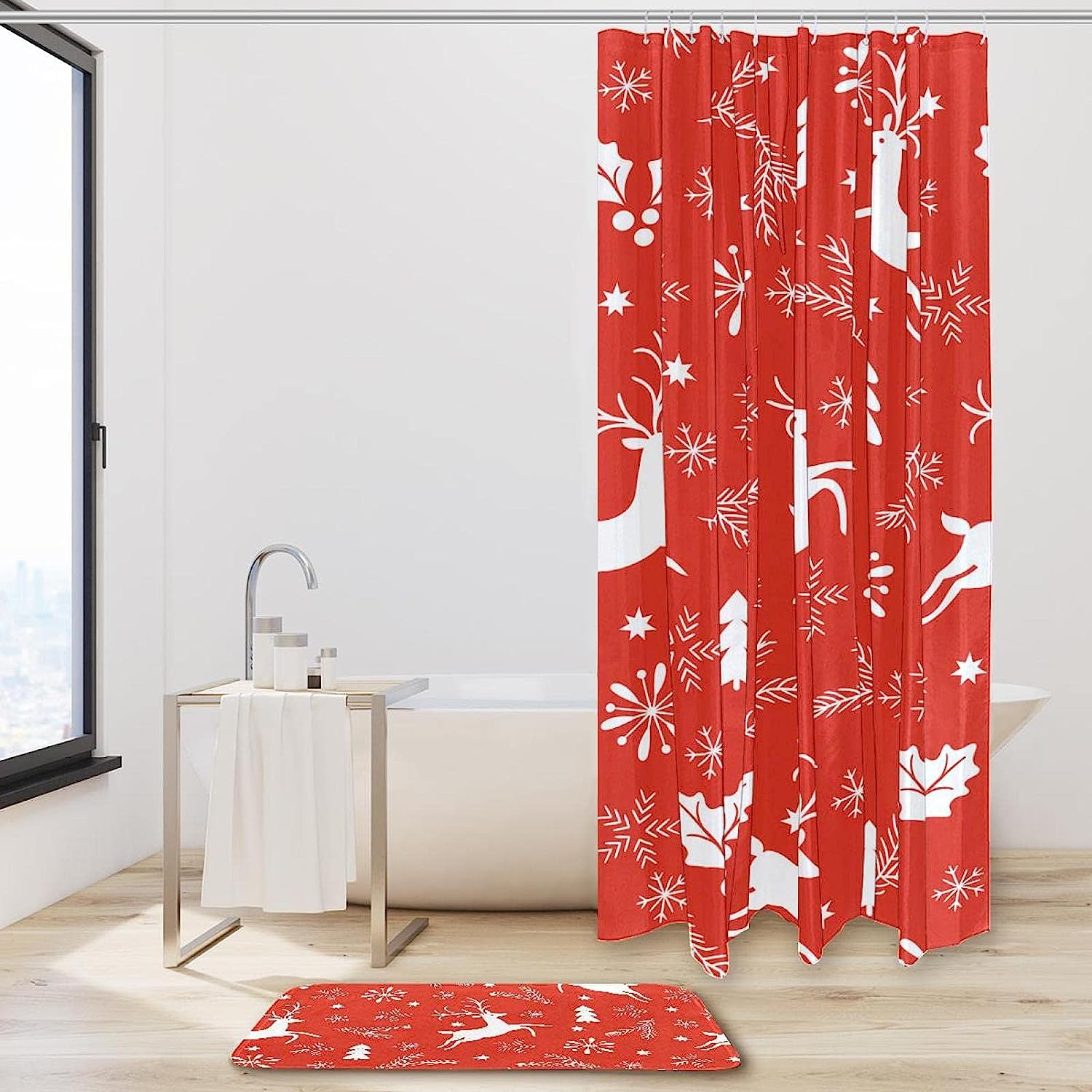 Orange Christmas Deer Elk Leaves Printed Bathroom Tub Set With Waterproof Fabric Shower Curtain - Image 2