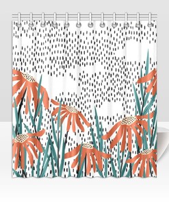 Orange Daisies and Poker Dots Print Fabric Shower Curtain