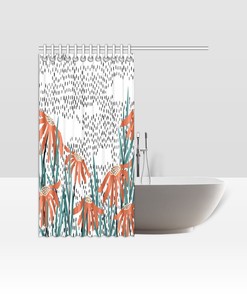 Orange Daisies and Poker Dots Print Fabric Shower Curtain