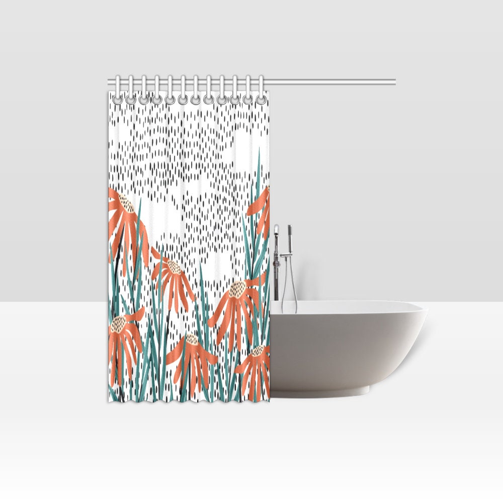 Orange Daisies and Poker Dots Print Fabric Shower Curtain
