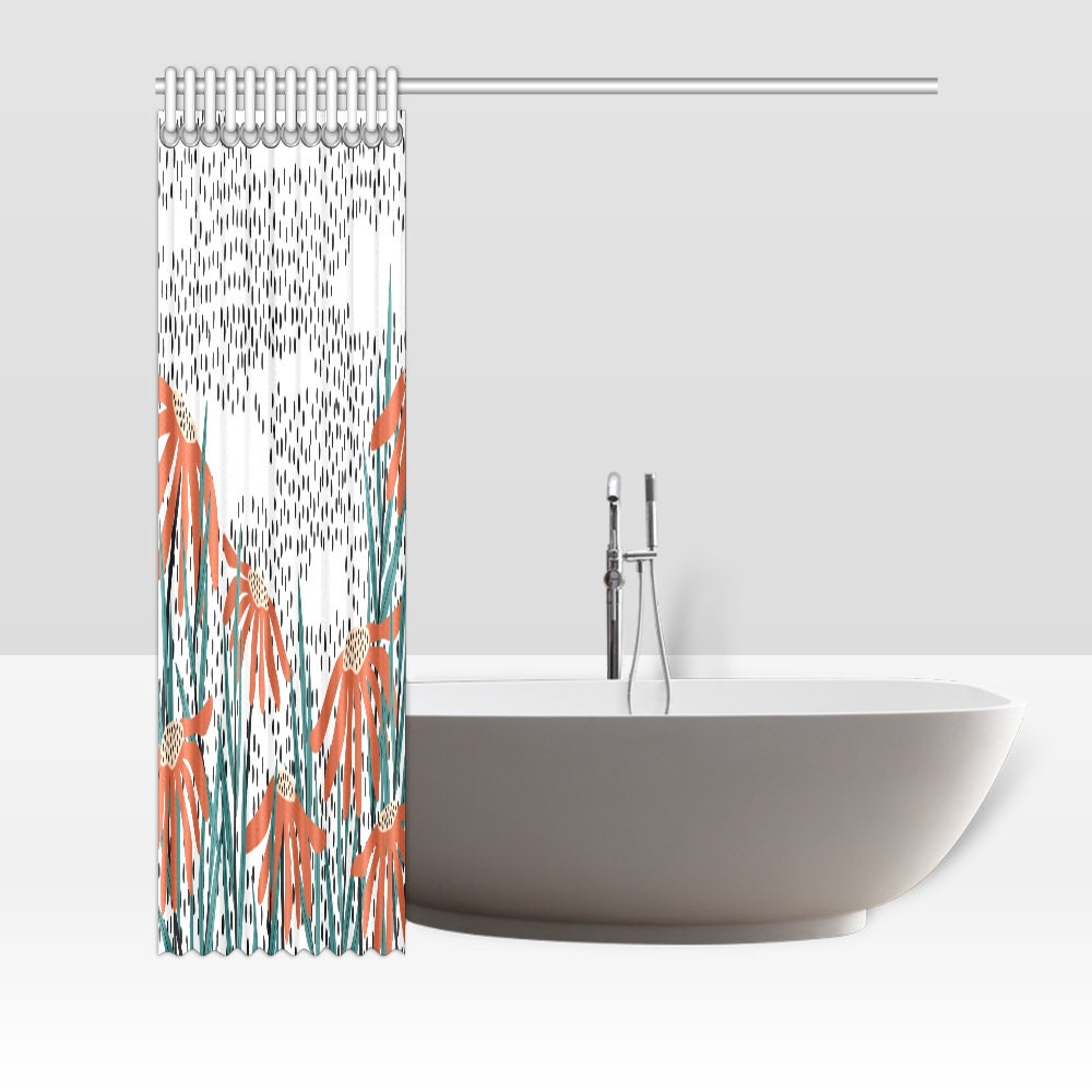 Orange Daisies and Poker Dots Print Fabric Shower Curtain