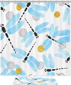 Orange Dragonfly Set Shower Curtain Bath Mats Waterproof Fabric Bathroom