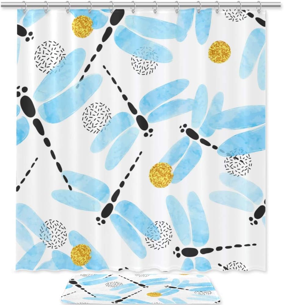 Orange Dragonfly Set Shower Curtain Bath Mats Waterproof Fabric Bathroom