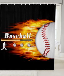 Orange Flame Baseball Boys Girls Sports Gaming Shower Curtain for Fun Bathroom Decor