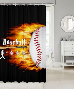 Orange Flame Baseball Boys Girls Sports Gaming Shower Curtain for Fun Bathroom Decor