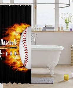 Orange Flame Baseball Boys Girls Sports Gaming Shower Curtain for Fun Bathroom Decor