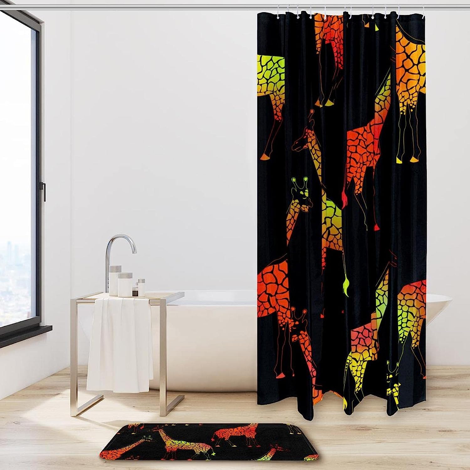 Orange Giraffes Shower Curtain with Black and White Pattern