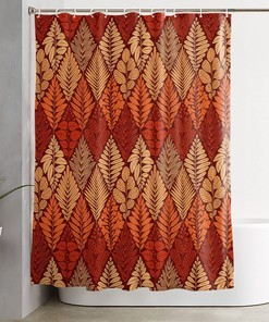 Orange Maple Palm Leaves Shower Curtain with Geometric Lattice Pattern for Natural Bathroom Decor