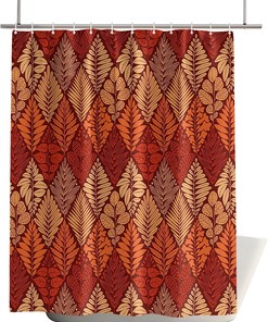 Orange Maple Palm Leaves Shower Curtain with Geometric Lattice Pattern for Natural Bathroom Decor