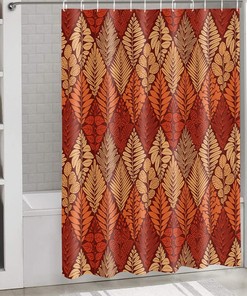 Orange Maple Palm Leaves Shower Curtain with Geometric Lattice Pattern for Natural Bathroom Decor