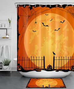 Orange Moon And Flying Bats Of Halloween Night With Pumpkins Shower Curtain
