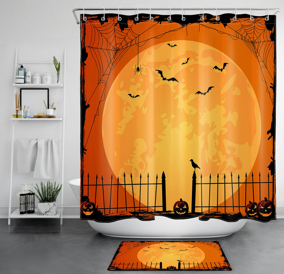 Orange Moon And Flying Bats Of Halloween Night With Pumpkins Shower Curtain