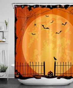 Orange Moon And Flying Bats Of Halloween Night With Pumpkins Shower Curtain
