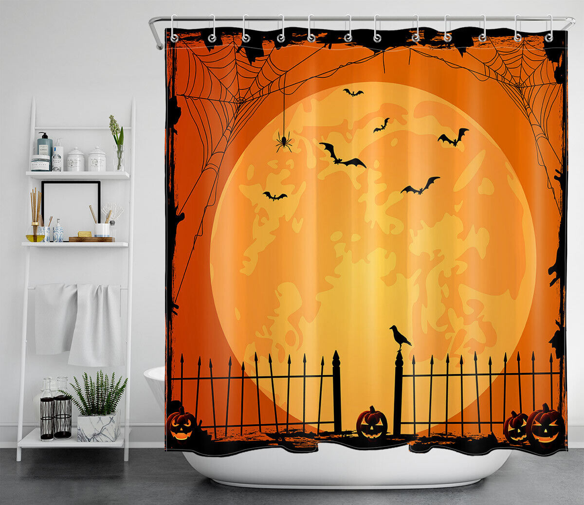 Orange Moon And Flying Bats Of Halloween Night With Pumpkins Shower Curtain