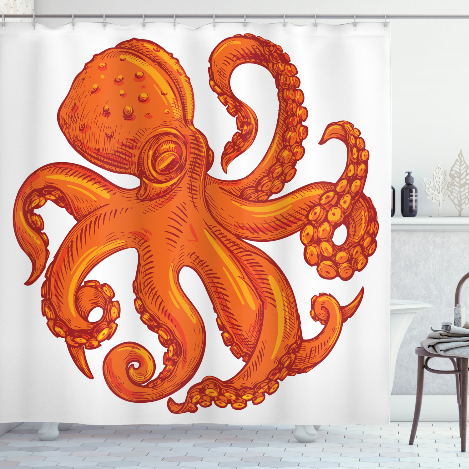 Orange Octopus Wildlife Print Shower Curtain for a Colorful Bathroom.