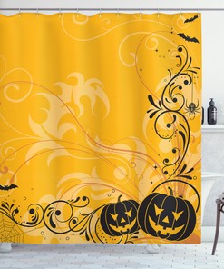 Orange Pumpkins Bats Halloween Print Shower Curtain - Perfect For Halloween Decoration