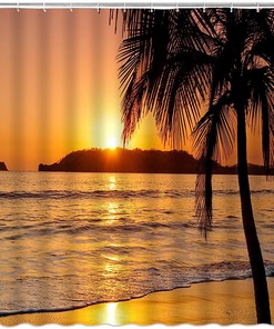 Orange Sky Sunset Shower Curtain with Tropical Palm Trees - Ocean Beach Scene for Bathroom Decor