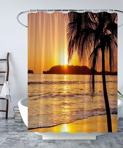 Orange Sky Sunset Shower Curtain with Tropical Palm Trees - Ocean Beach Scene for Bathroom Decor