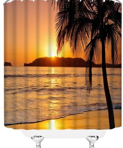 Orange Sky Sunset Shower Curtain with Tropical Palm Trees - Ocean Beach Scene for Bathroom Decor