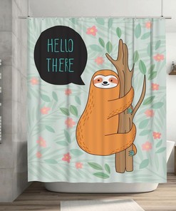 Orange Sloth Hanging on Tree Shower Curtain, Flowers and Leaves Decor, Greeting Fabric