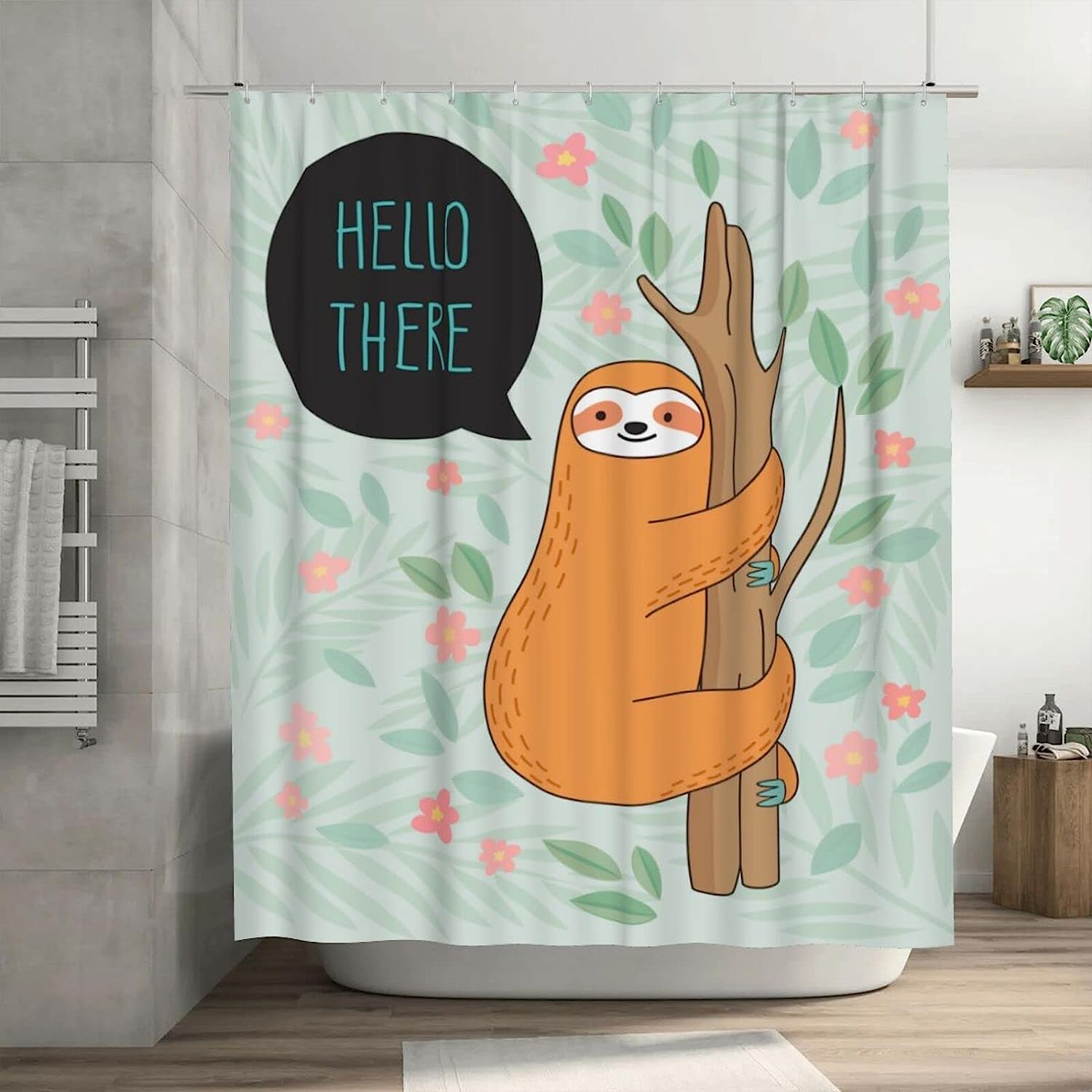 Orange Sloth Hanging on Tree Shower Curtain, Flowers and Leaves Decor, Greeting Fabric
