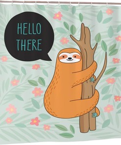 Orange Sloth Hanging on Tree Shower Curtain, Flowers and Leaves Decor, Greeting Fabric