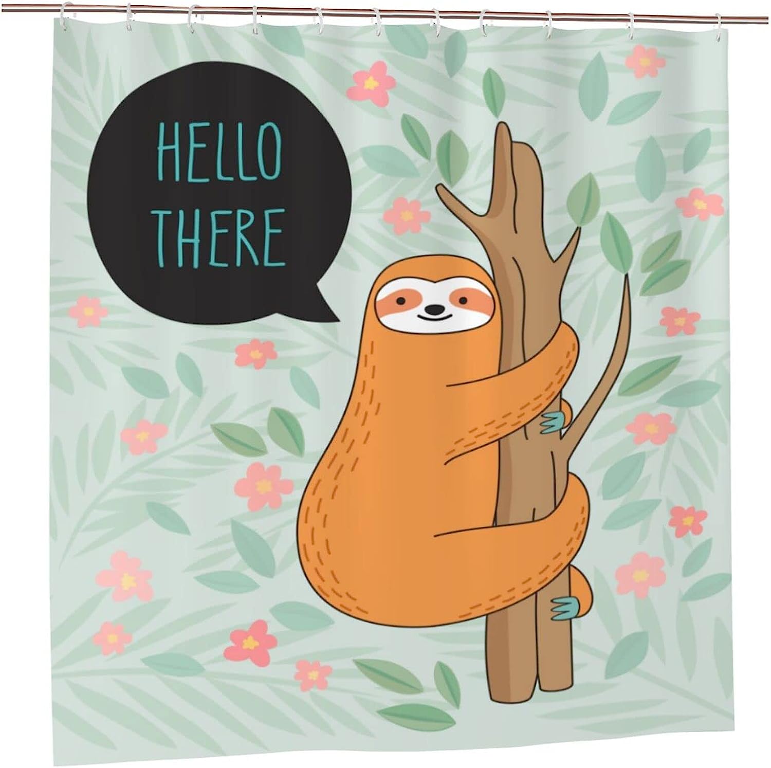 Orange Sloth Hanging on Tree Shower Curtain, Flowers and Leaves Decor, Greeting Fabric