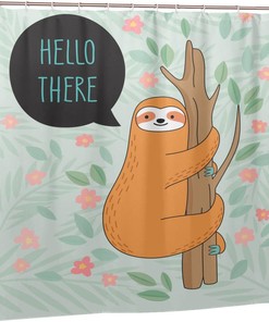 Orange Sloth Hanging on Tree Shower Curtain, Flowers and Leaves Decor, Greeting Fabric