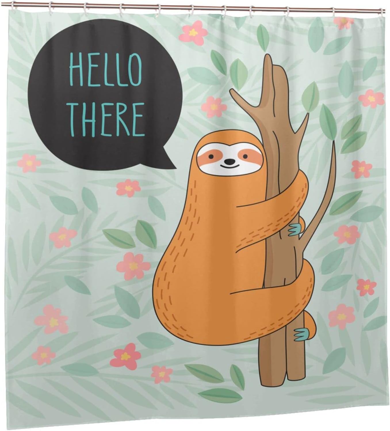 Orange Sloth Hanging on Tree Shower Curtain, Flowers and Leaves Decor, Greeting Fabric