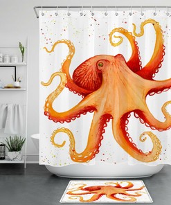 Orange Squid Octopus Monster Watercolor Shower Curtain, Fun Bathroom Accessory