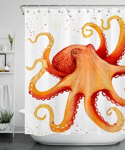 Orange Squid Octopus Monster Watercolor Shower Curtain, Fun Bathroom Accessory