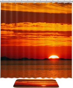 Orange Sunset Waterproof Shower Curtain, Cool Bathroom Decor, Trendy Bath Accessory 