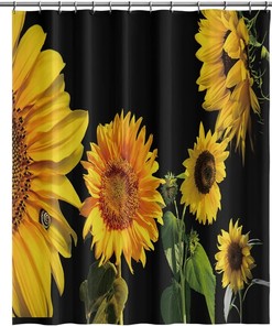 Orange Yellow Sunflower Shower Curtain with Black Floral Plants and Green Leaves for Natural Bathroom Dcor