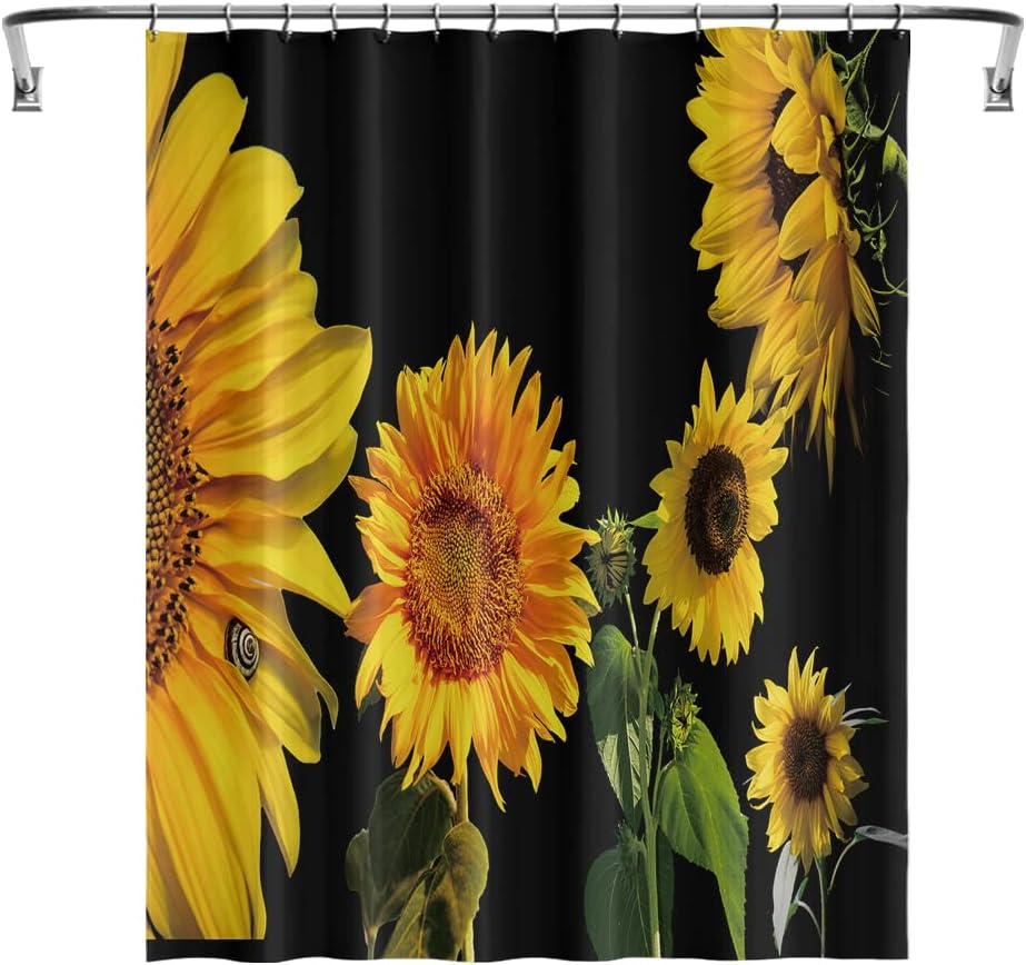 Orange Yellow Sunflower Shower Curtain with Black Floral Plants and Green Leaves for Natural Bathroom Dcor