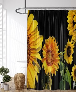 Orange Yellow Sunflower Shower Curtain with Black Floral Plants and Green Leaves for Natural Bathroom Dcor