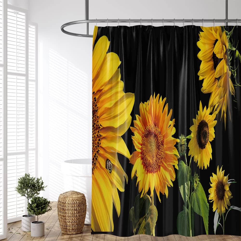 Orange Yellow Sunflower Shower Curtain with Black Floral Plants and Green Leaves for Natural Bathroom Dcor