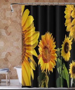 Orange Yellow Sunflower Shower Curtain with Black Floral Plants and Green Leaves for Natural Bathroom Dcor