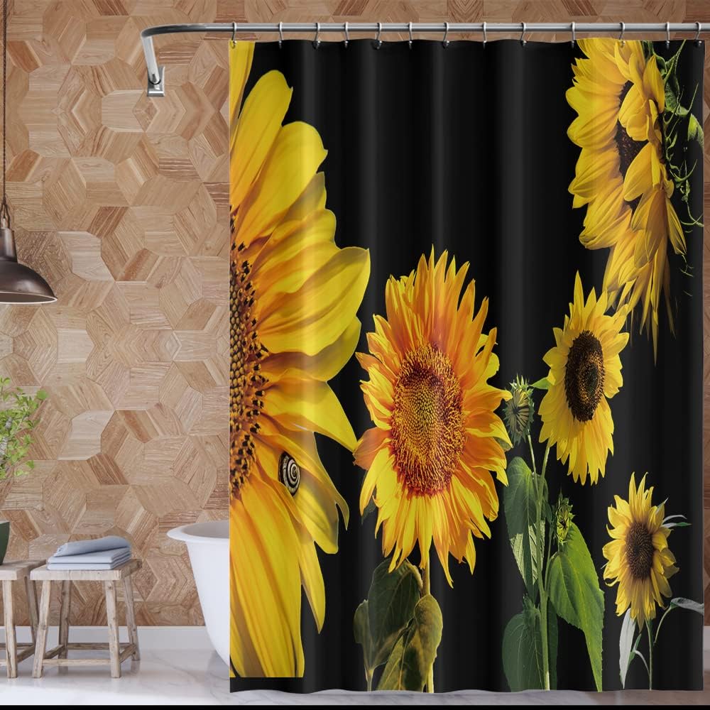 Orange Yellow Sunflower Shower Curtain with Black Floral Plants and Green Leaves for Natural Bathroom Dcor