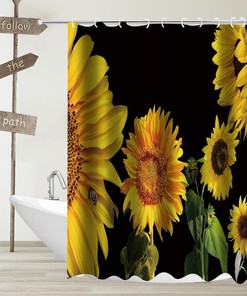 Orange Yellow Sunflower Shower Curtain with Black Floral Plants and Green Leaves for Natural Bathroom Dcor