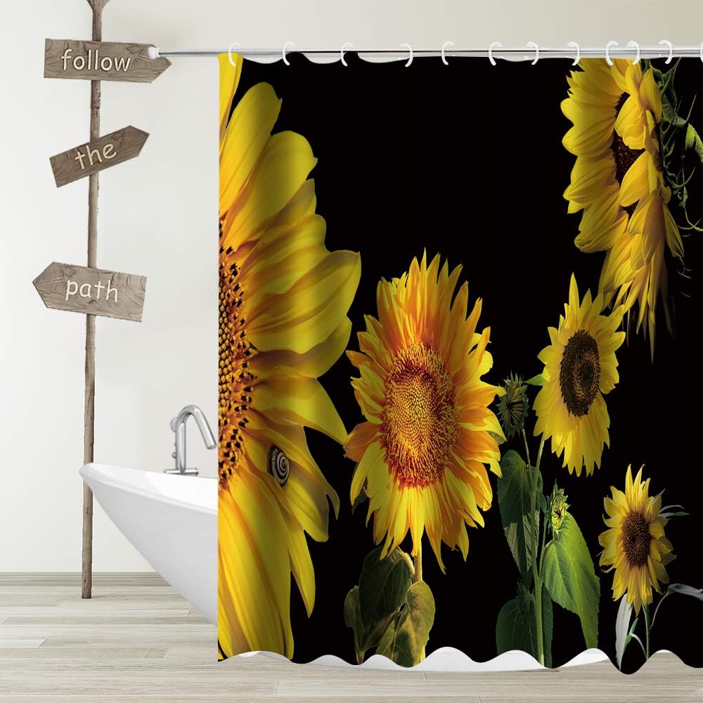 Orange Yellow Sunflower Shower Curtain with Black Floral Plants and Green Leaves for Natural Bathroom Dcor