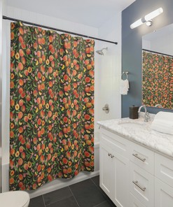 Orange and Green Peach Shower Curtain and Matching Bath Mat for a Coordinated Bathroom Look