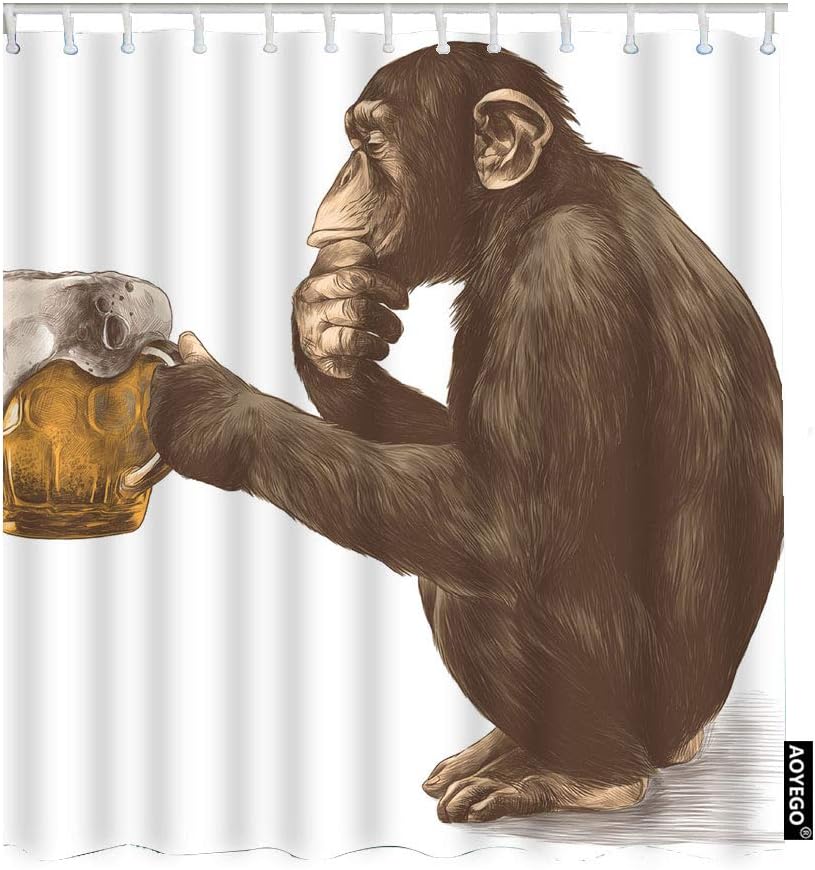 Orangutan Drinking Beer Fabric Decorative Shower Curtain For Bathroom Farmhouse
