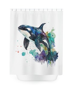Orca Whales Watercolor Shower Curtain, Nautical Bathroom Decor
