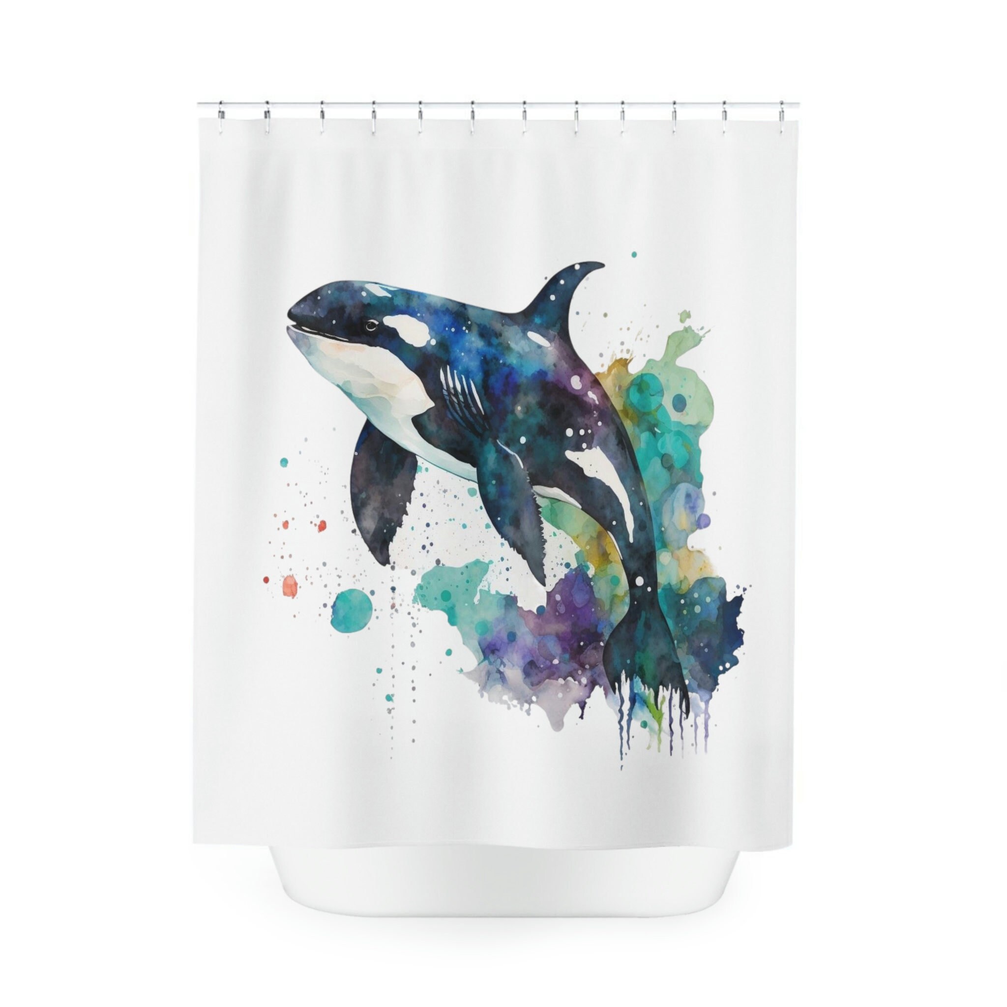 Orca Whales Watercolor Shower Curtain, Nautical Bathroom Decor