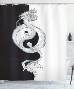 Oriental Dragon Shower Curtain | Swirling Yin Yang Theme | Cloth Fabric Bathroom Decor (Grey White)