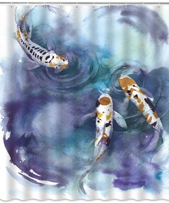 Oriental Fish Shower Curtain with Japanese Watercolor Painting and Colorful Carp Design