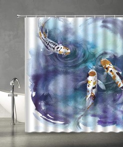 Oriental Fish Shower Curtain with Japanese Watercolor Painting and Colorful Carp Design