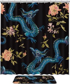 Oriental Floral Shower Curtain With Chinese Dragons And Gold Roses For Elegant Bathroom Decor