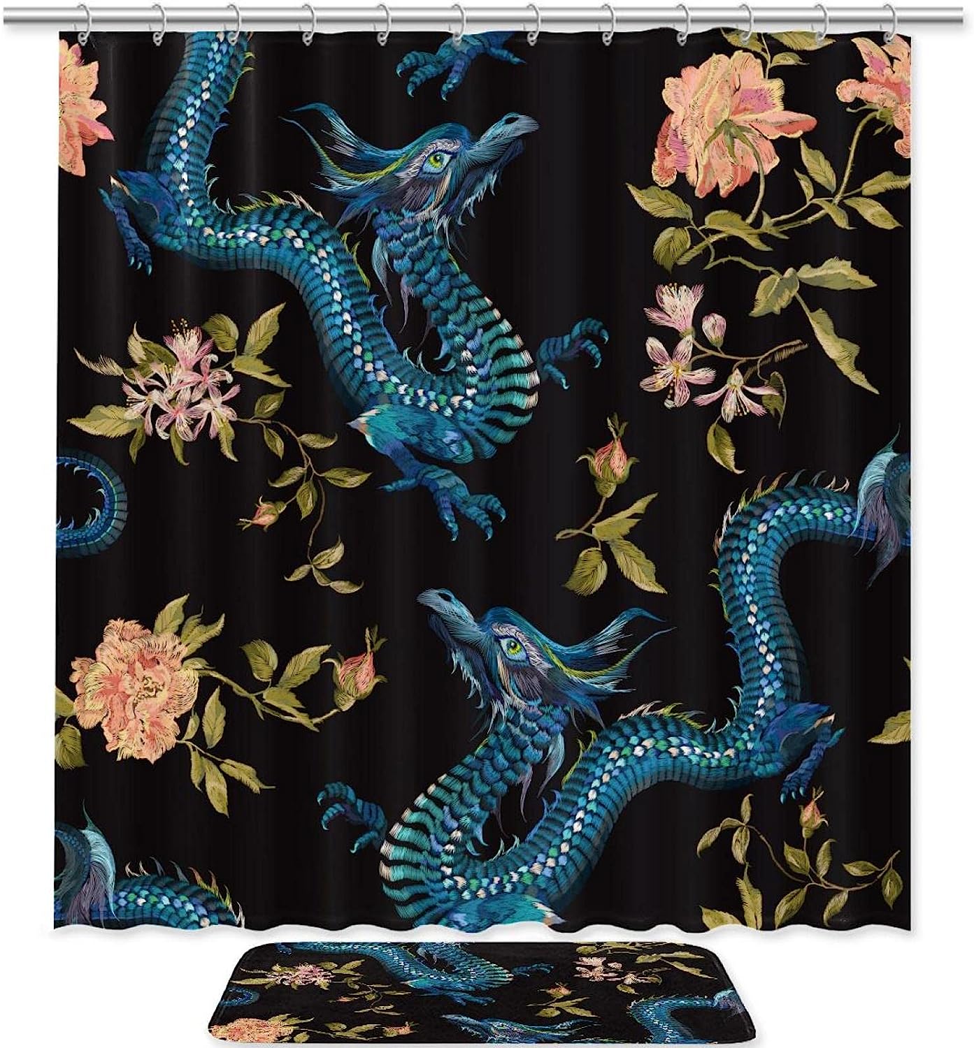 Oriental Floral Shower Curtain With Chinese Dragons And Gold Roses For Elegant Bathroom Decor